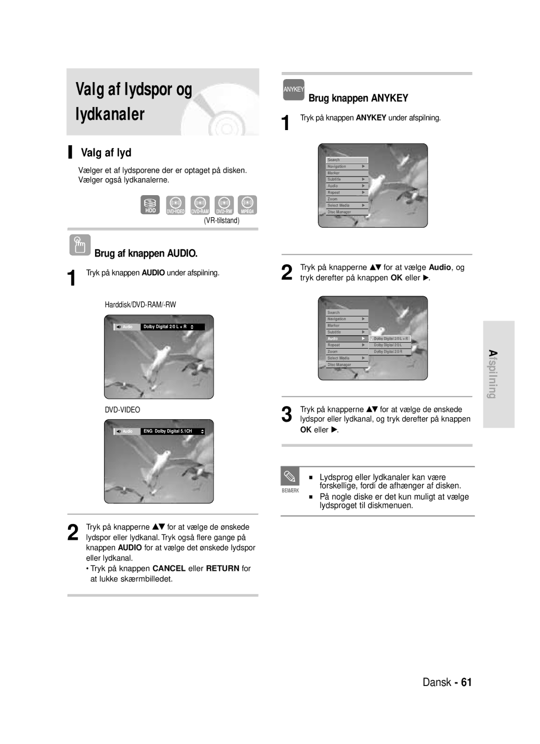 Samsung DVD-HR720/XEE manual Valg af lyd, Brug af knappen Audio, Lydsprog eller lydkanaler kan være 