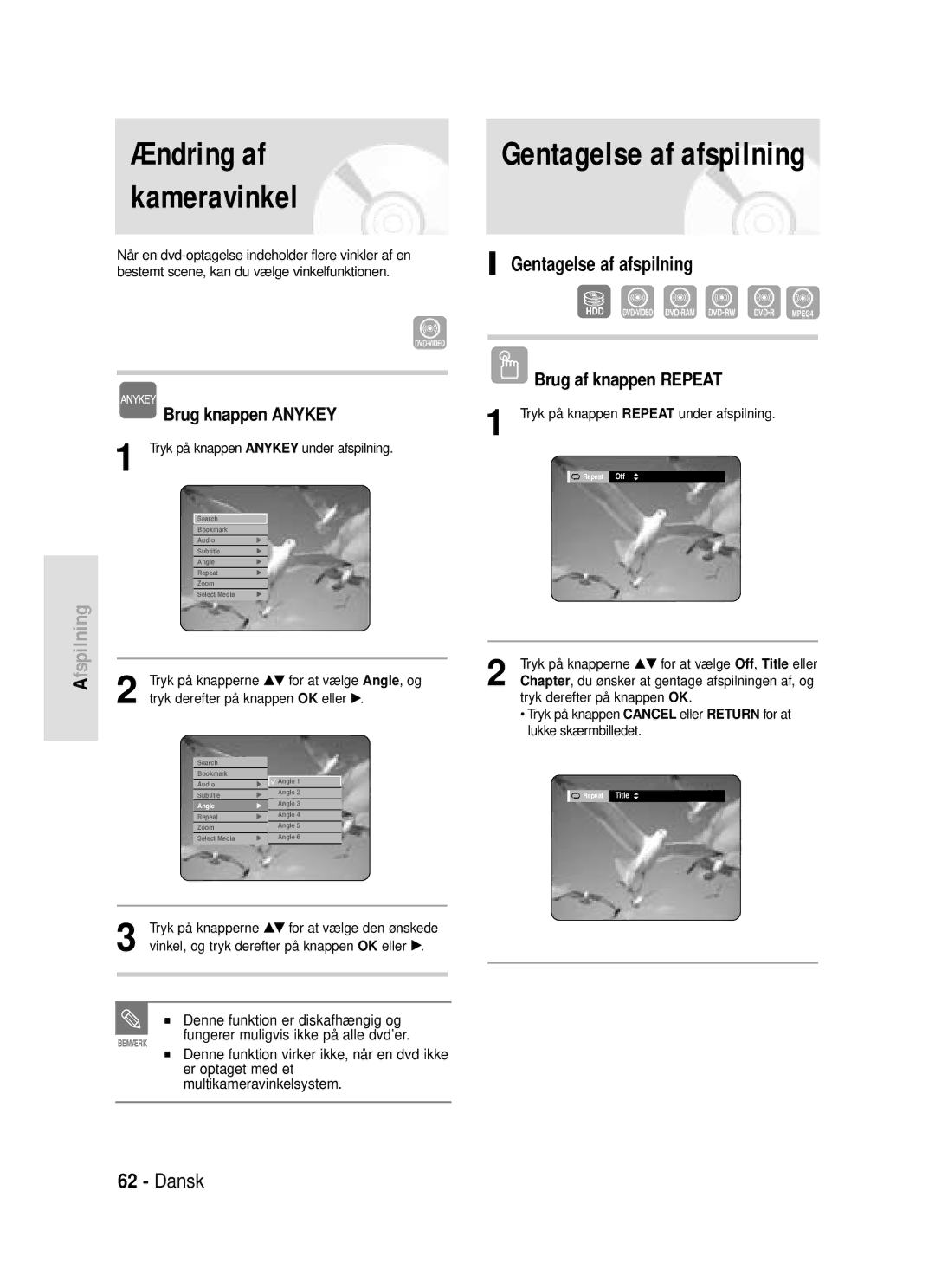 Samsung DVD-HR720/XEE manual Ændring af, Kameravinkel, Gentagelse af afspilning, Brug af knappen Repeat 