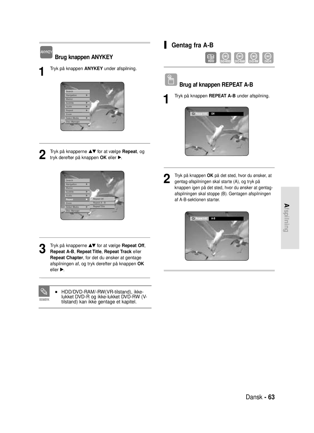 Samsung DVD-HR720/XEE manual Gentag fra A-B, Brug af knappen Repeat A-B, HDD/DVD-RAM/-RWVR-tilstand, ikke 