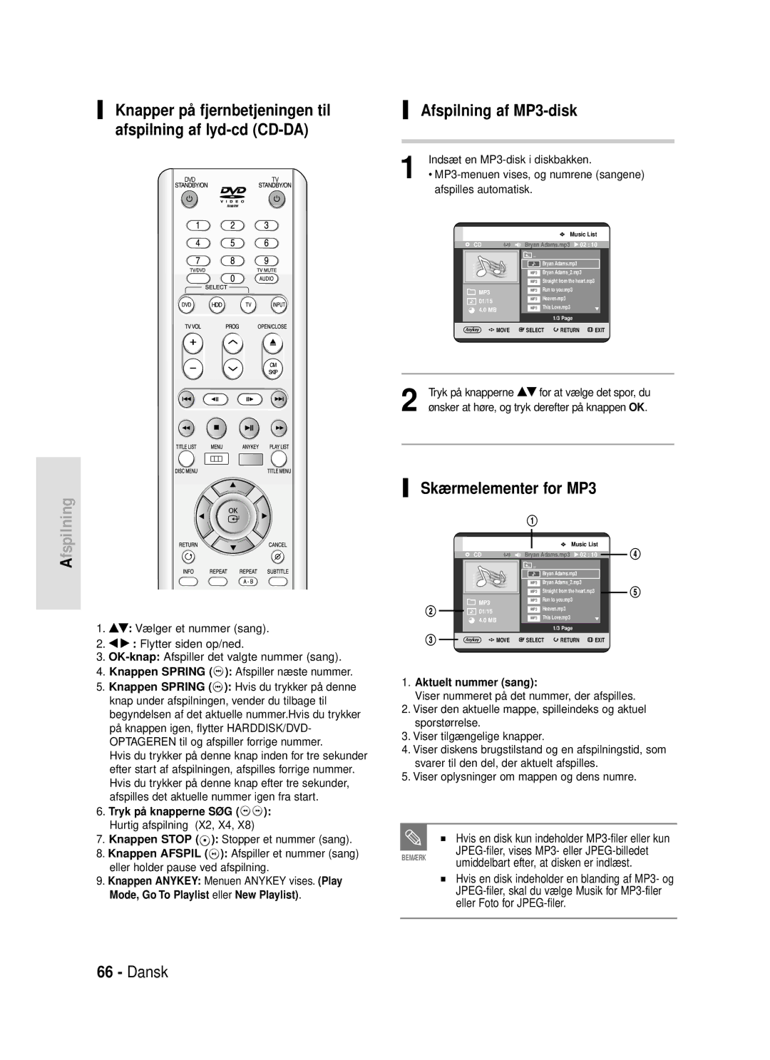 Samsung DVD-HR720/XEE manual Dansk Afspilning af MP3-disk, Skærmelementer for MP3 