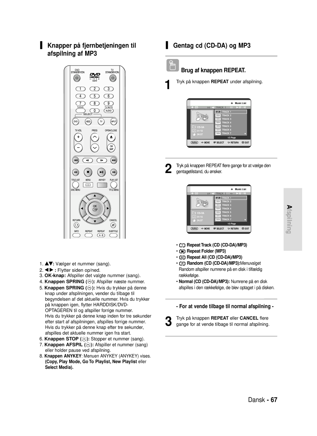 Samsung DVD-HR720/XEE Knapper på fjernbetjeningen til afspilning af MP3, Gentag cd CD-DA og MP3, Select Media, Rækkefø lge 