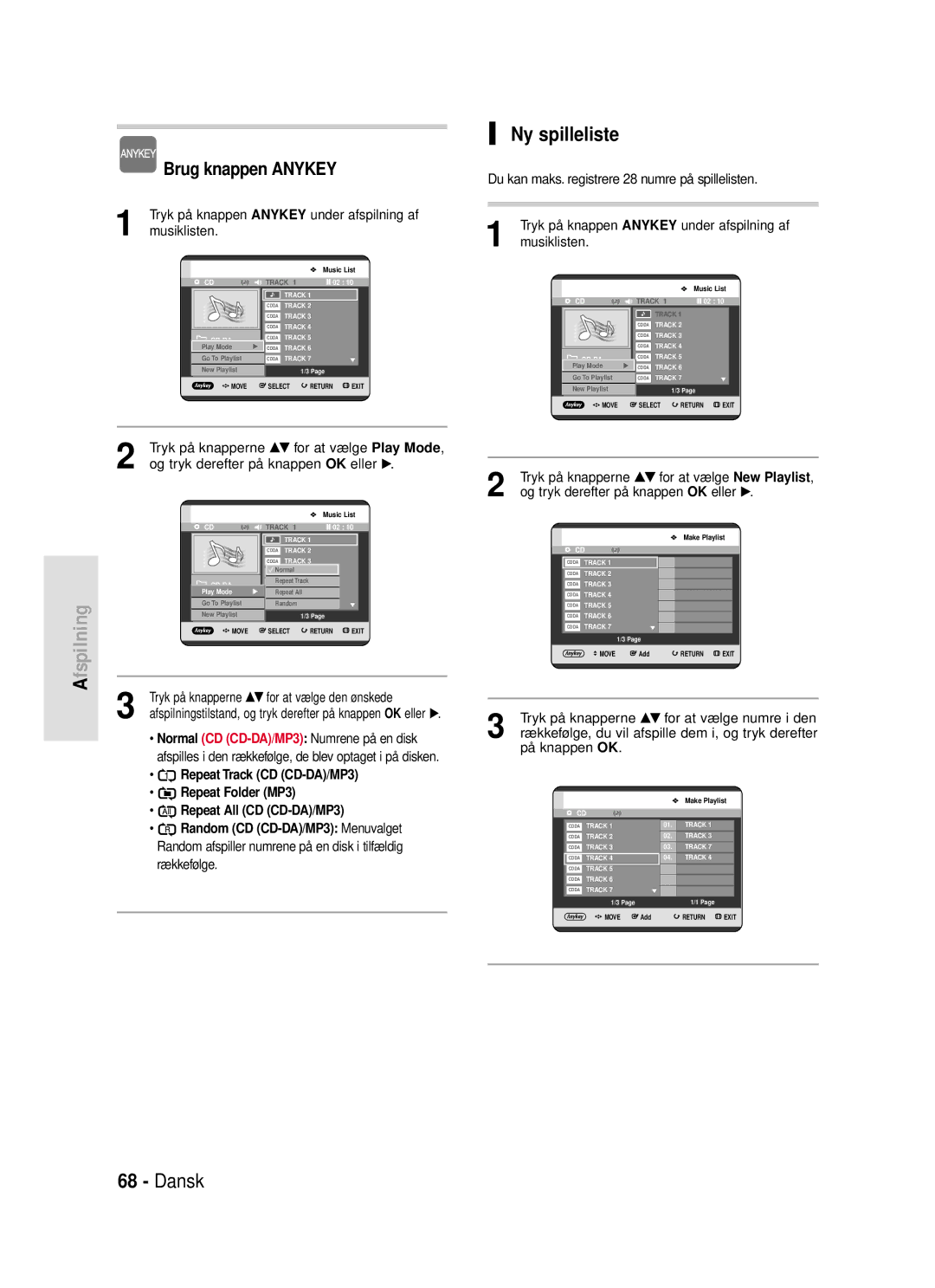 Samsung DVD-HR720/XEE manual Ny spilleliste, Repeat Track CD CD-DA/MP3, Random CD CD-DA/MP3 Menuvalget 