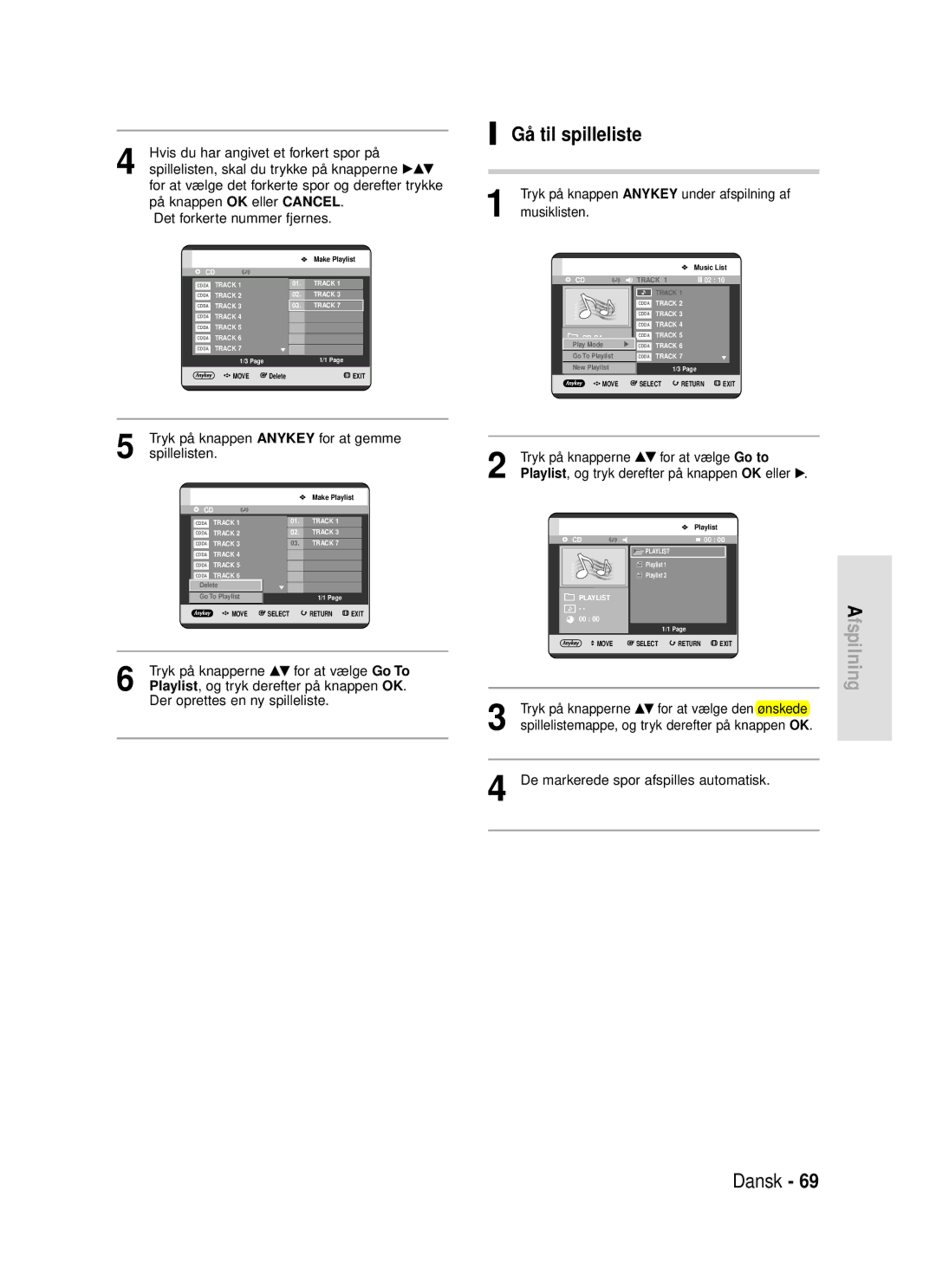 Samsung DVD-HR720/XEE manual Gå til spilleliste, Tryk på knappen Anykey for at gemme, Spillelisten 