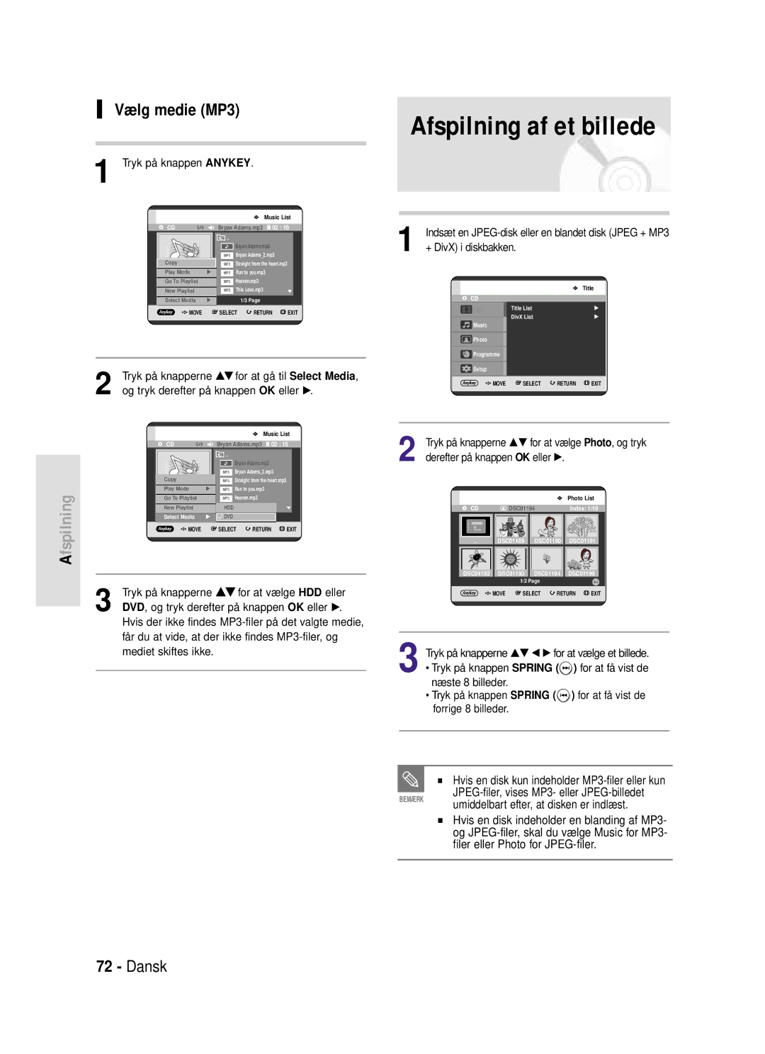 Samsung DVD-HR720/XEE manual Afspilning af et billede, Vælg medie MP3, + DivX i diskbakken, Tryk på knappen Spring 