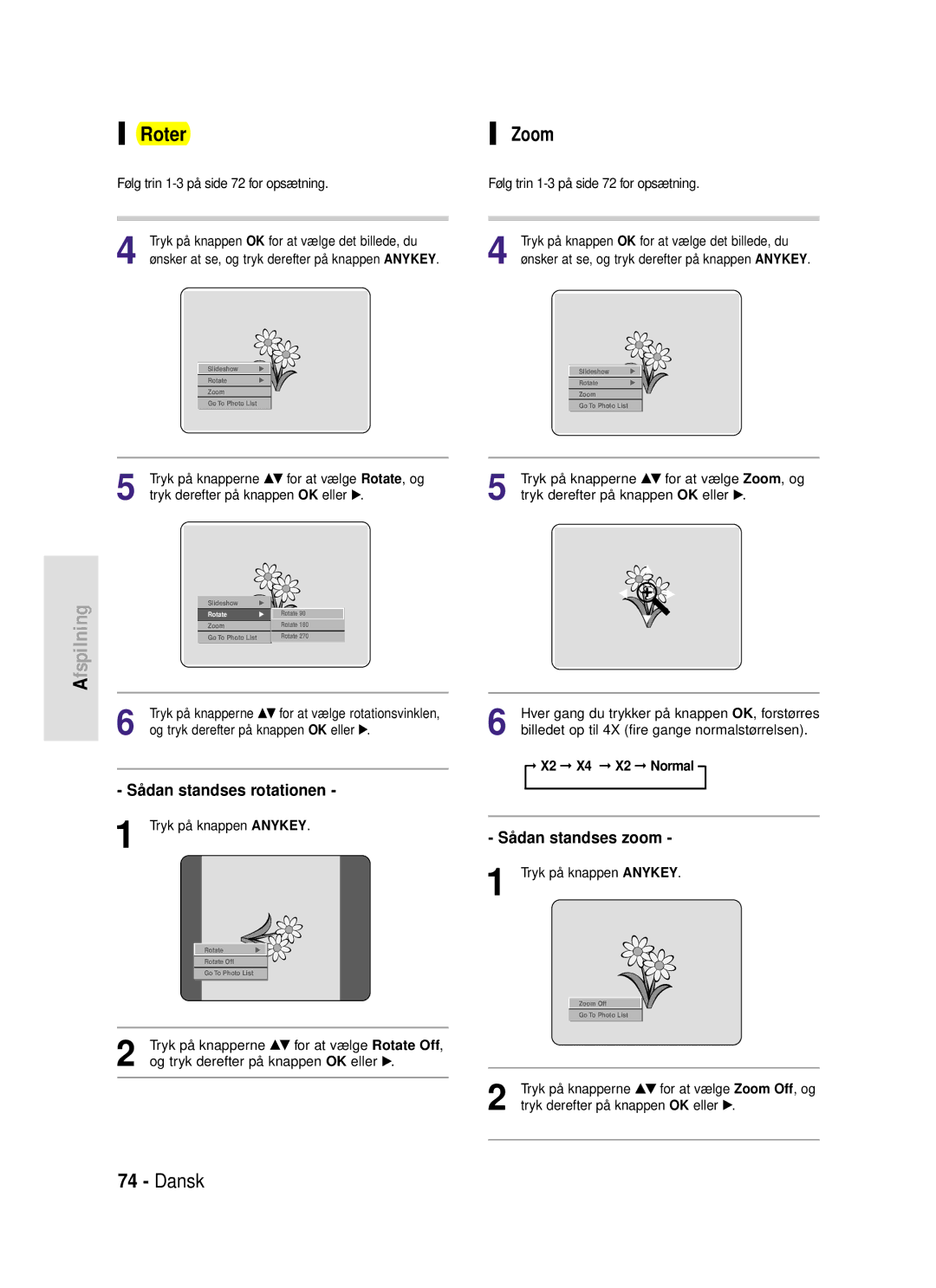 Samsung DVD-HR720/XEE manual Roter, Zoom, Sådan standses rotationen, Sådan standses zoom, X2 X4 X2 Normal 