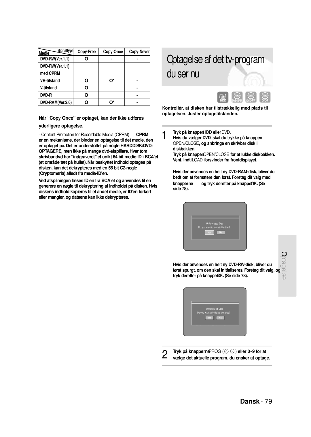 Samsung DVD-HR720/XEE manual Medie, Copy-Free, Med Cprm VR-tilstand, Knapperne œ √ og tryk derefter på knappen OK. Se side 