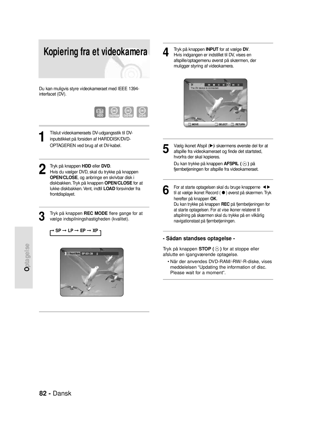 Samsung DVD-HR720/XEE manual Kopiering fra et videokamera 