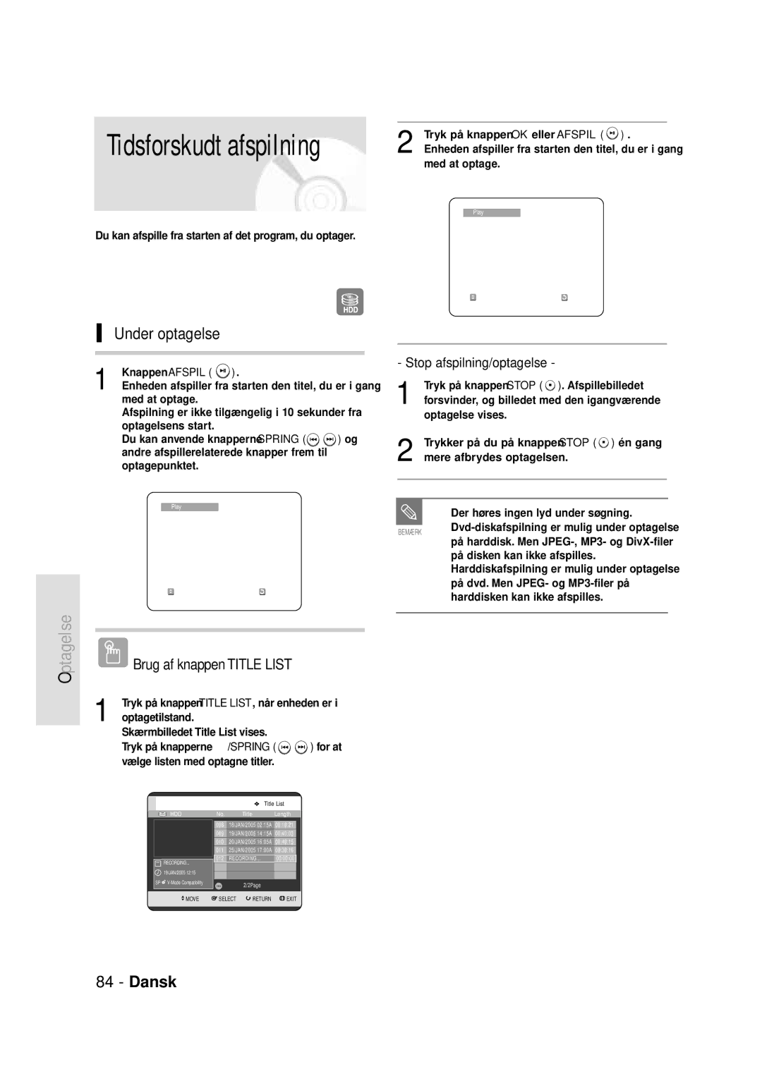 Samsung DVD-HR720/XEE manual Under optagelse, Stop afspilning/optagelse, Knappen Afspil 