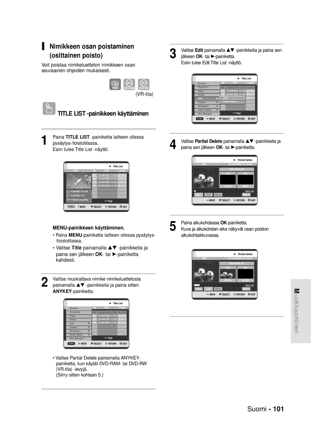 Samsung DVD-HR720/XEE manual Nimikkeen osan poistaminen osittainen poisto, Paina Title List -painiketta laitteen ollessa 