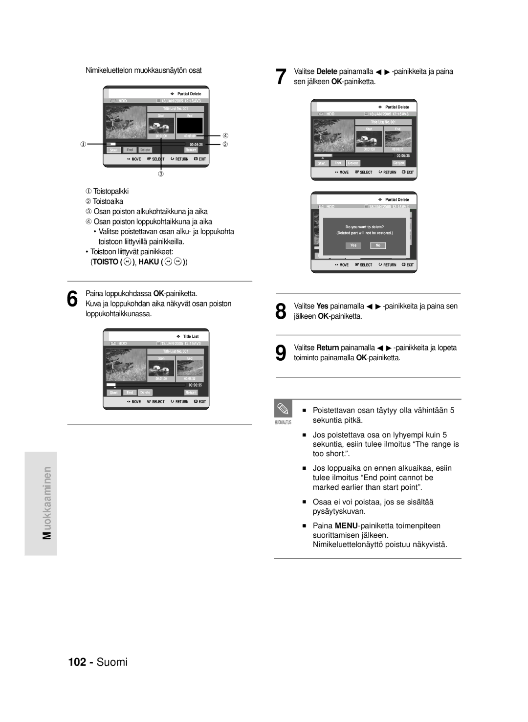 Samsung DVD-HR720/XEE manual Nimikeluettelon muokkausnäytön osat, Toisto , Haku, Paina loppukohdassa OK-painiketta 