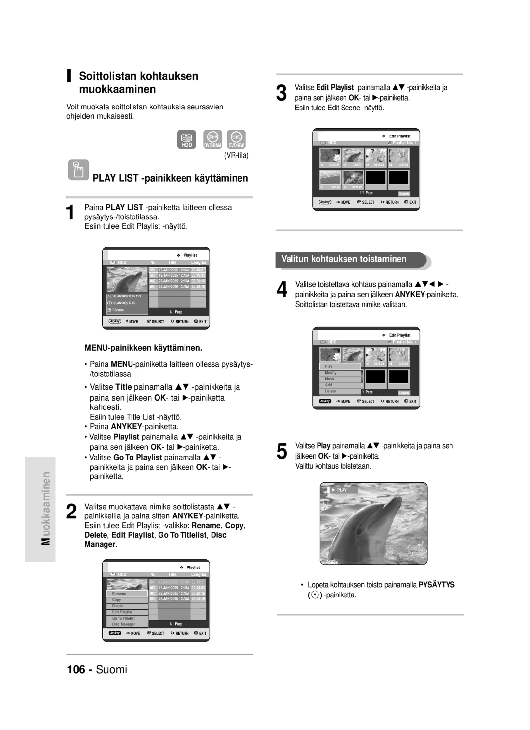 Samsung DVD-HR720/XEE manual Soittolistan kohtauksen muokkaaminen, Valitse Title painamalla …† -painikkeita ja, Manager 