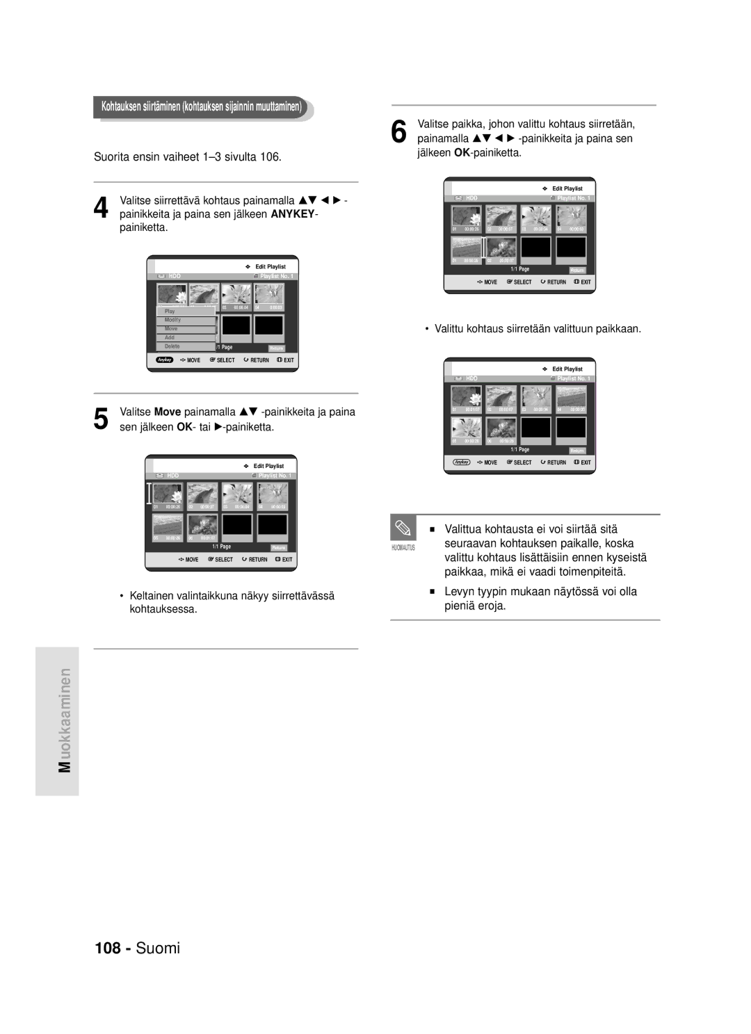 Samsung DVD-HR720/XEE manual Valittua kohtausta ei voi siirtää sitä, Paikkaa, mikä ei vaadi toimenpiteitä 