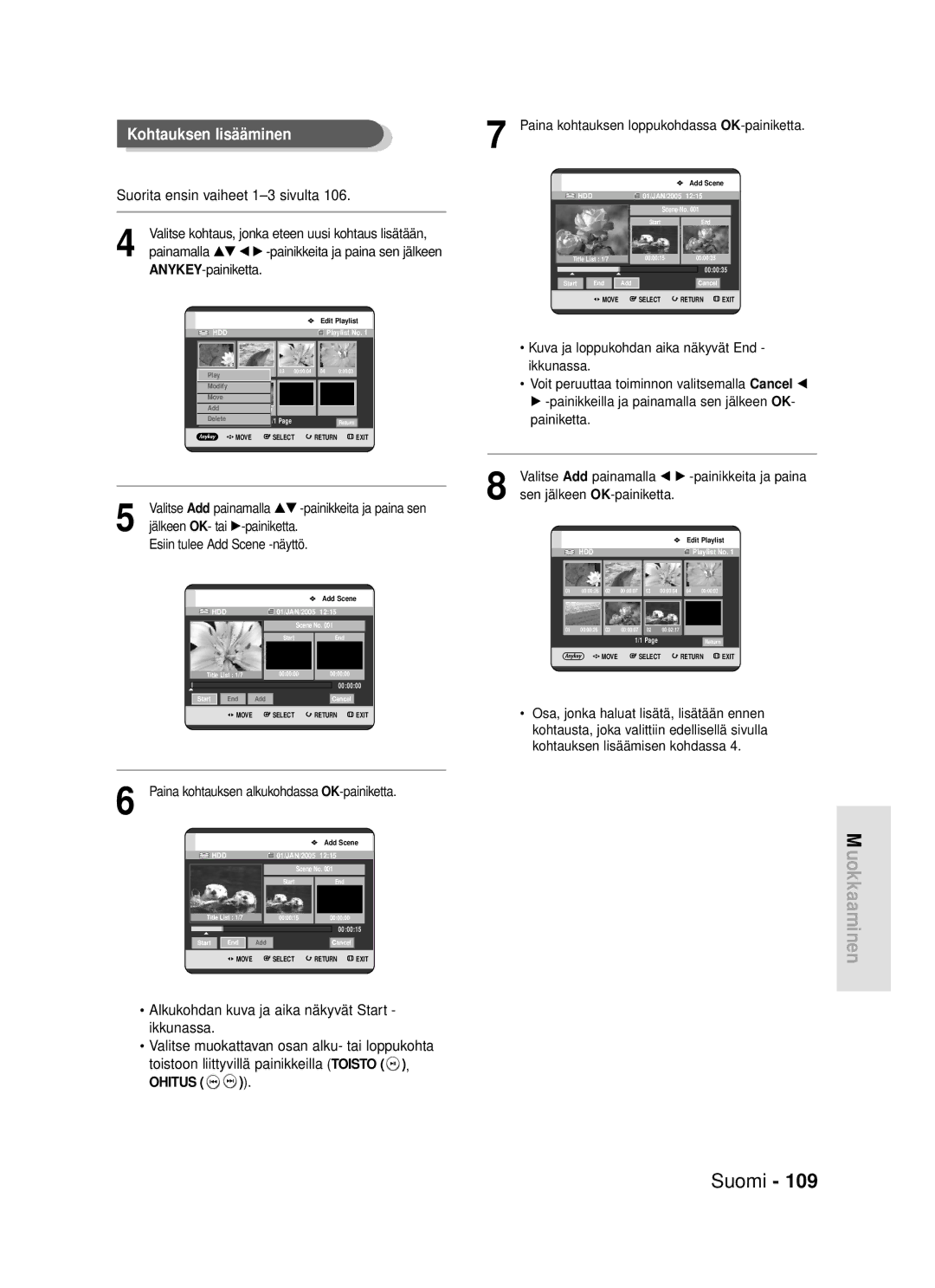 Samsung DVD-HR720/XEE manual Valitse Add painamalla œ √ -painikkeita ja paina, Sen jälkeen OK-painiketta, Ohitus 