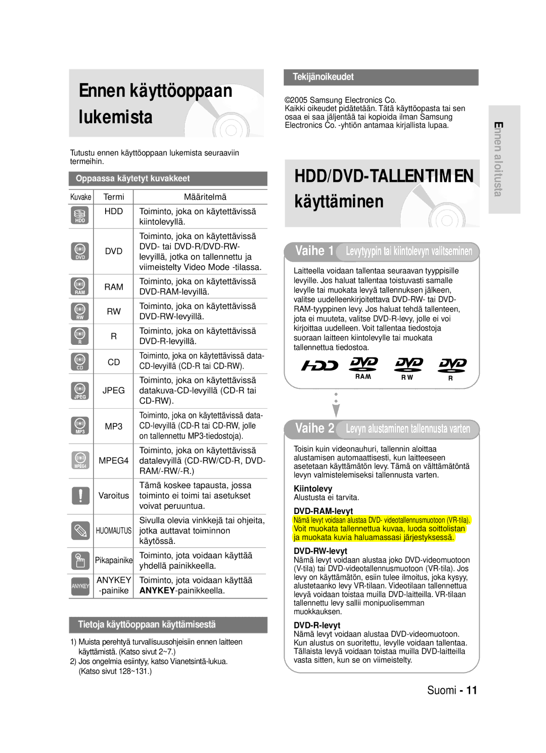 Samsung DVD-HR720/XEE manual Ennen käyttöoppaan lukemista 