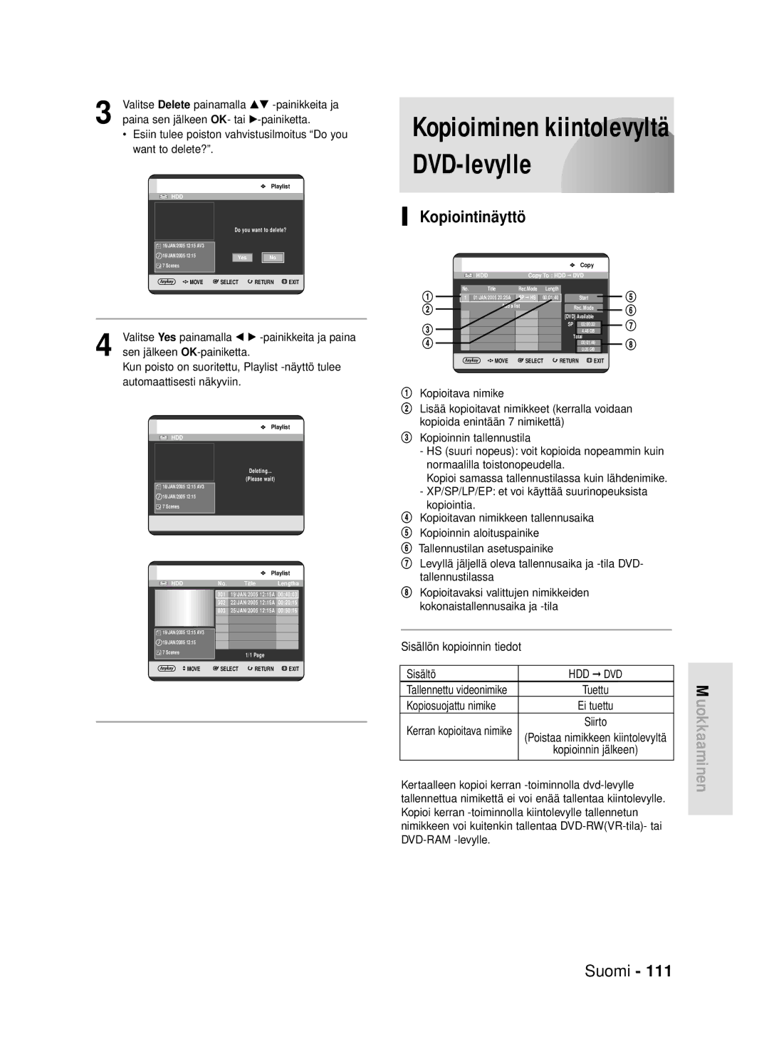 Samsung DVD-HR720/XEE manual Kopioiminen kiintolevyltä DVD-levylle, Kopiointinäyttö, Tallennettu videonimike 