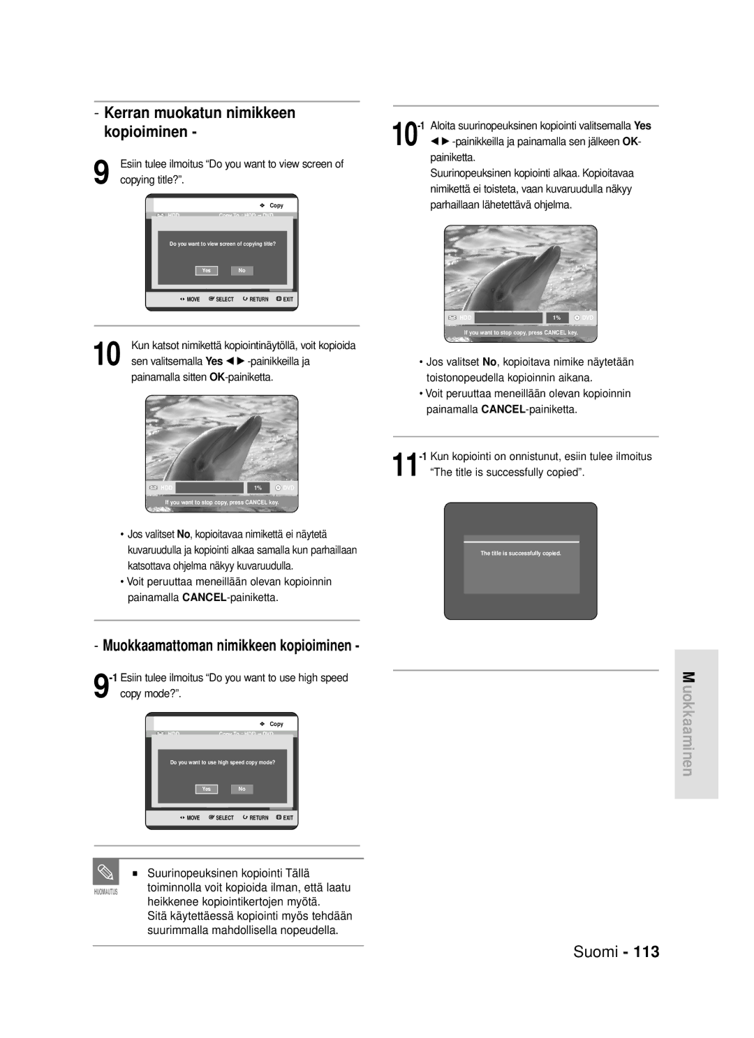 Samsung DVD-HR720/XEE manual Kerran muokatun nimikkeen kopioiminen, Muokkaamattoman nimikkeen kopioiminen 