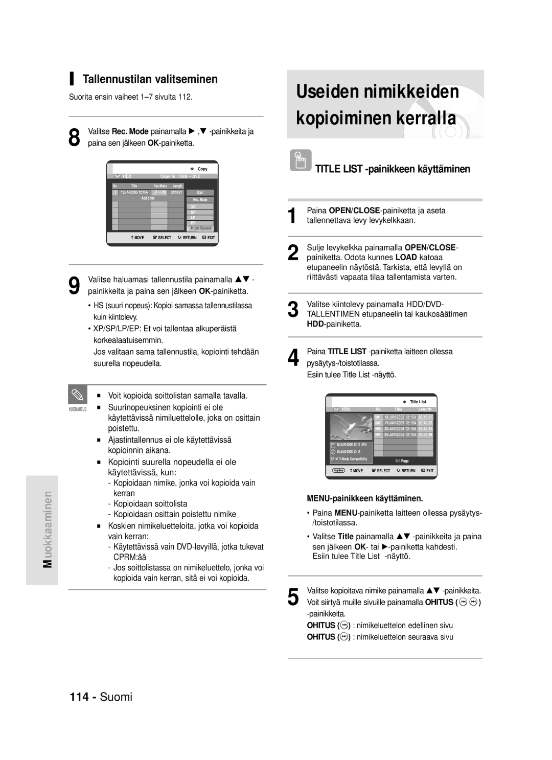 Samsung DVD-HR720/XEE manual Useiden nimikkeiden kopioiminen kerralla, Tallennustilan valitseminen 