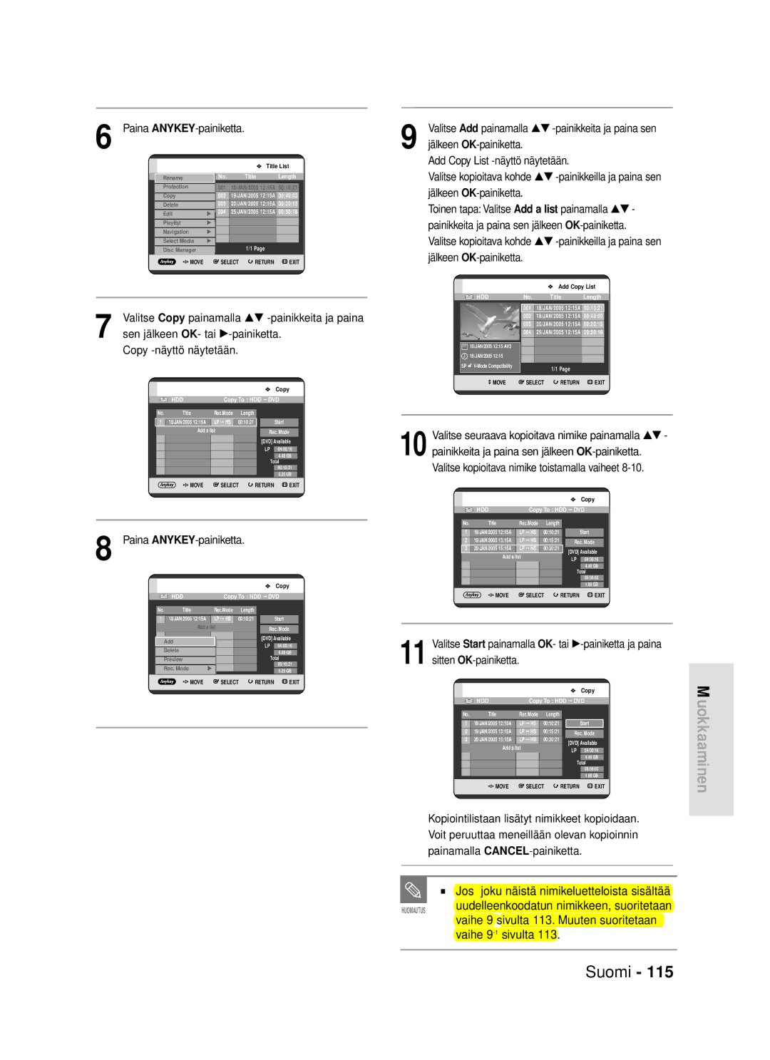 Samsung DVD-HR720/XEE manual Jos joku näistä nimikeluetteloista sisältää, Vaihe 9 sivulta 113. Muuten suoritetaan 