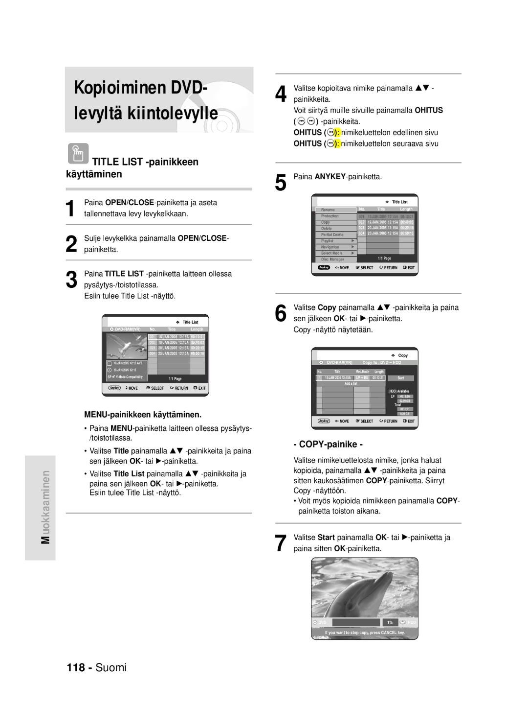 Samsung DVD-HR720/XEE manual Nimikeluettelon seuraava sivu, Valitse Copy painamalla …† -painikkeita ja paina 