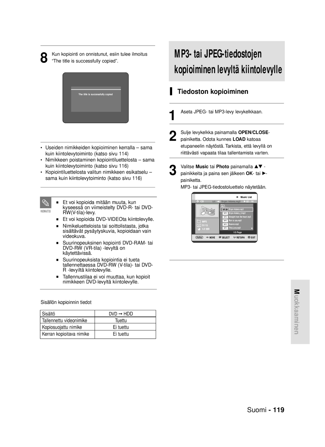 Samsung DVD-HR720/XEE manual Tiedoston kopioiminen, Kerran kopioitava nimike 