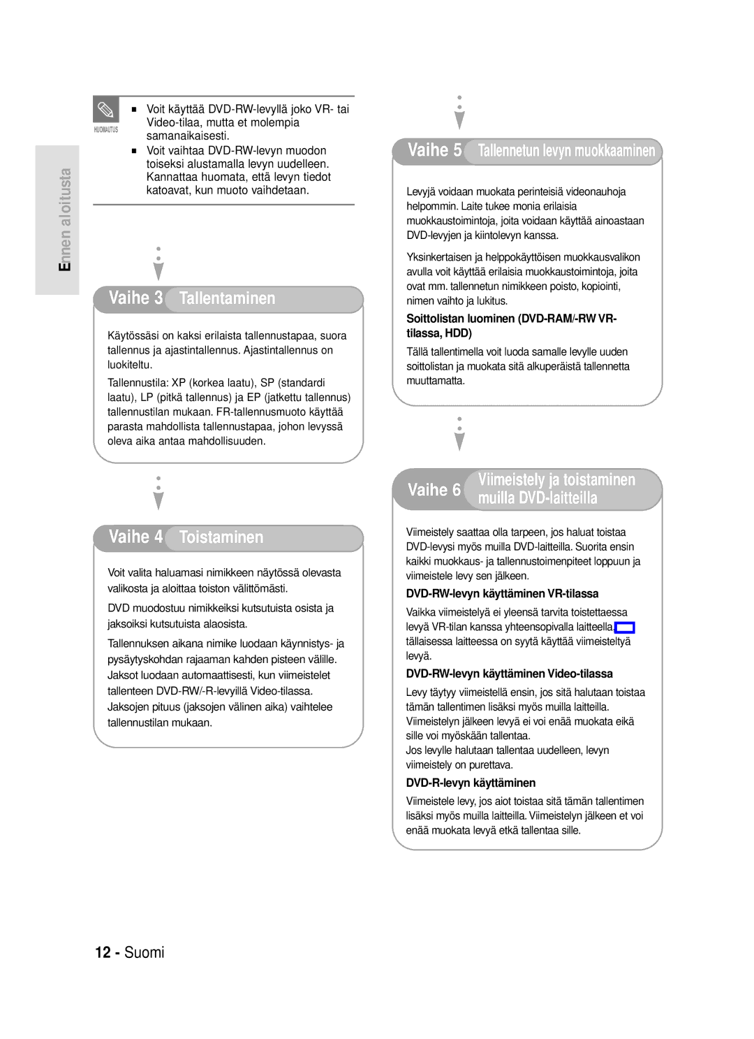 Samsung DVD-HR720/XEE manual Voit käyttää DVD-RW-levyllä joko VR- tai, Toiseksi alustamalla levyn uudelleen 