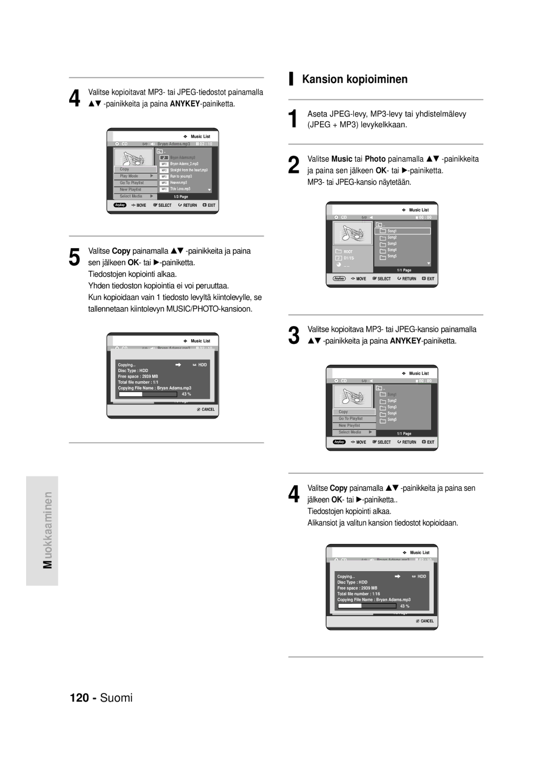 Samsung DVD-HR720/XEE manual Kansion kopioiminen, Aseta JPEG-levy, MP3-levy tai yhdistelmälevy, Jpeg + MP3 levykelkkaan 