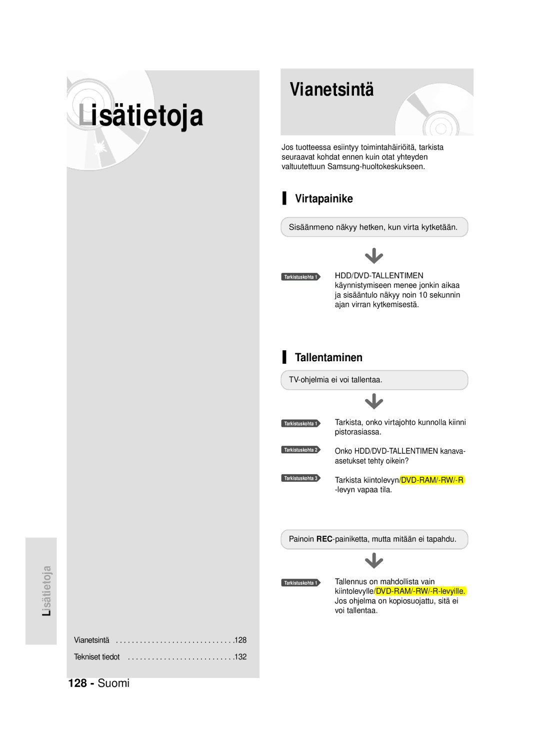 Samsung DVD-HR720/XEE manual Virtapainike, Tallentaminen, TV-ohjelmia ei voi tallentaa 