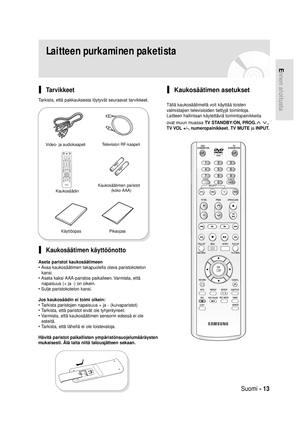 Samsung DVD-HR720/XEE manual Tarvikkeet, Kaukosäätimen käyttöönotto, Kaukosäätimen asetukset, Aseta paristot kaukosäätimeen 