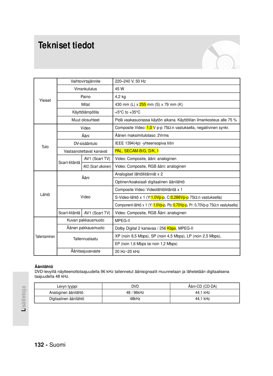 Samsung DVD-HR720/XEE manual Äänilähtö 