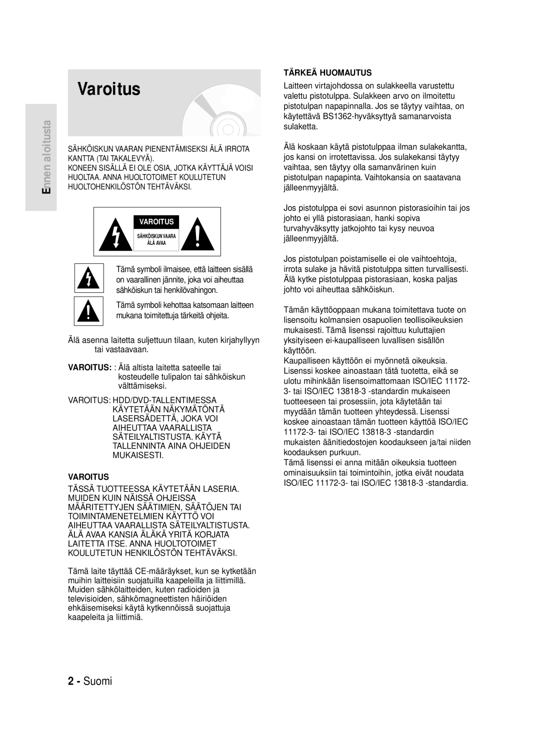 Samsung DVD-HR720/XEE manual Varoitus 