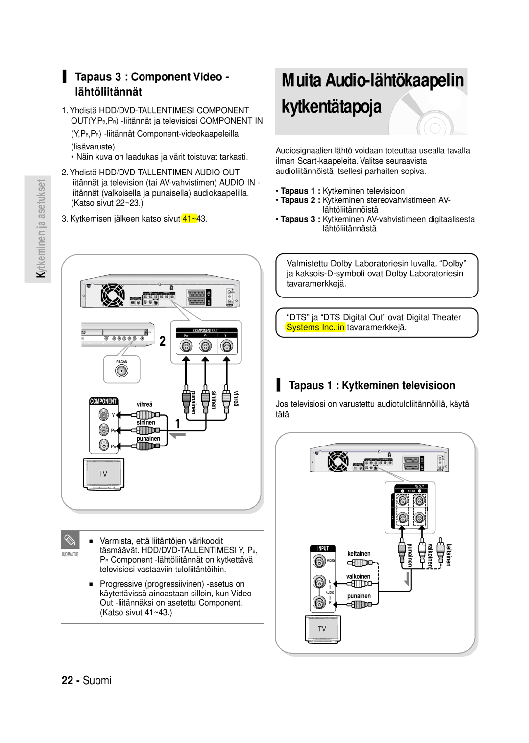 Samsung DVD-HR720/XEE manual Muita Audio-lähtökaapelin kytkentätapoja, Tapaus 3 Component Video lähtöliitännät 