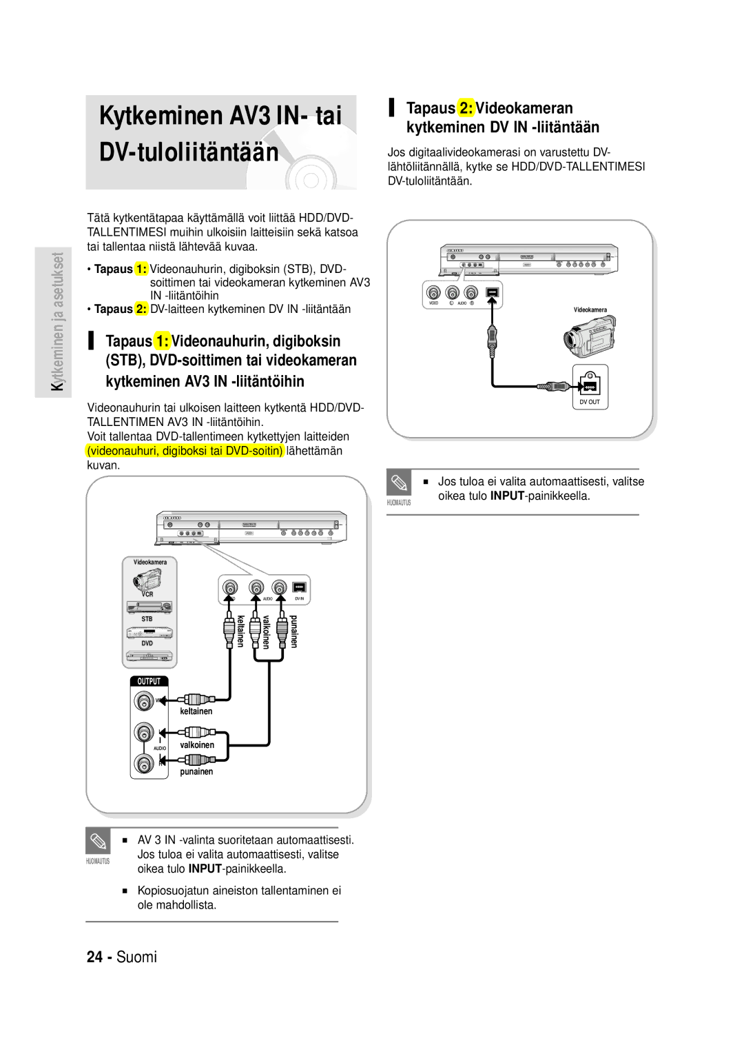 Samsung DVD-HR720/XEE manual Tapaus 2 Videokameran kytkeminen DV in -liitäntään, Oikea tulo INPUT-painikkeella 