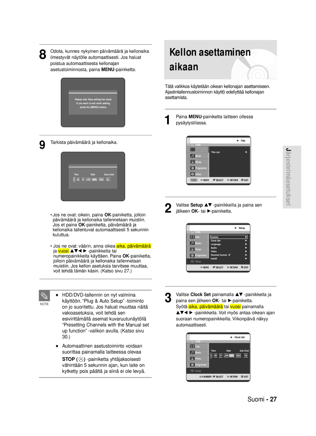 Samsung DVD-HR720/XEE manual Kellon asettaminen aikaan, HDD/DVD-tallennin on nyt valmiina 