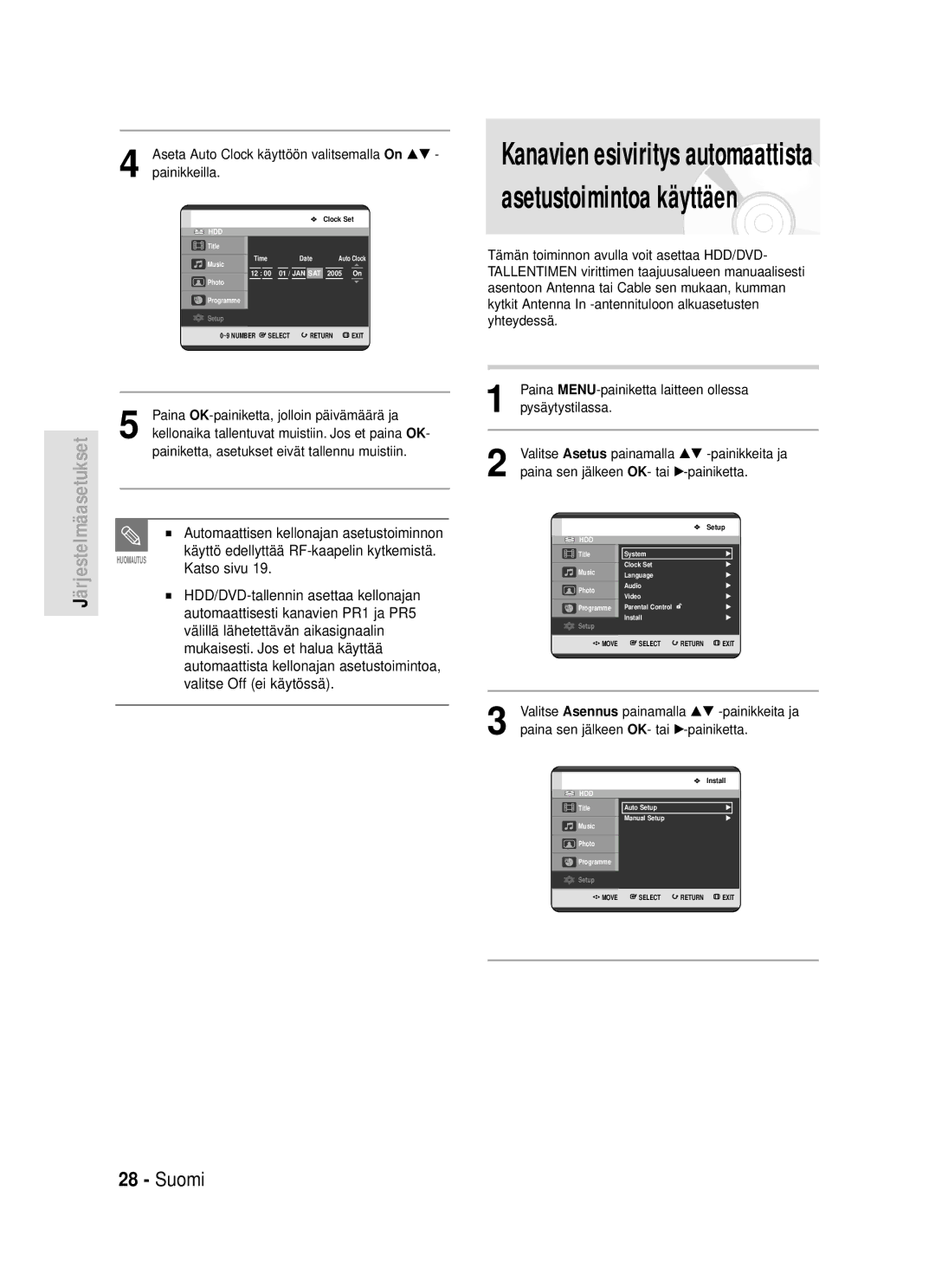 Samsung DVD-HR720/XEE manual Katso sivu, HDD/DVD-tallennin asettaa kellonajan, Automaattisesti kanavien PR1 ja PR5 