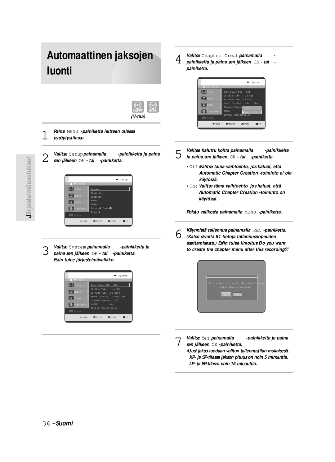 Samsung DVD-HR720/XEE manual Automaattinen jaksojen luonti, Tila 