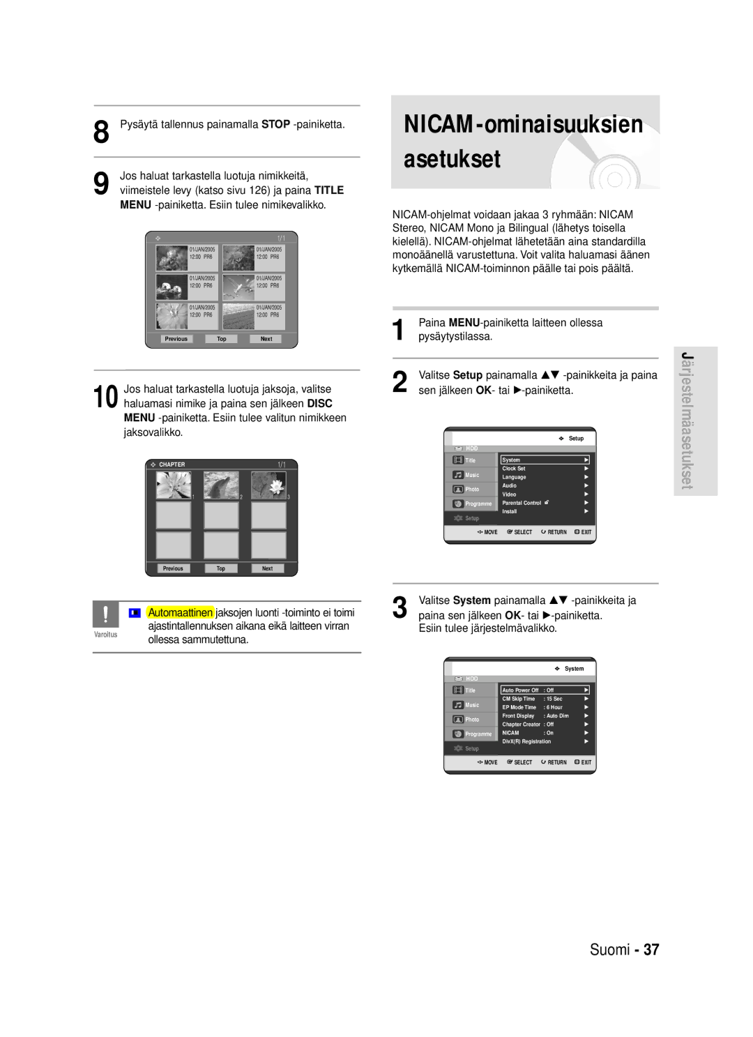 Samsung DVD-HR720/XEE manual NICAM-ominaisuuksien asetukset, Paina MENU-painiketta laitteen ollessa Pysäytystilassa 