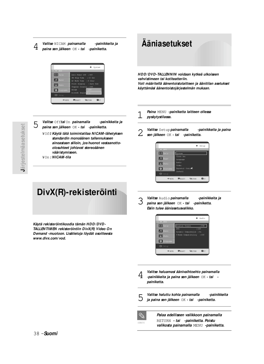 Samsung DVD-HR720/XEE manual Ääniasetukset, DivXR-rekisteröinti 