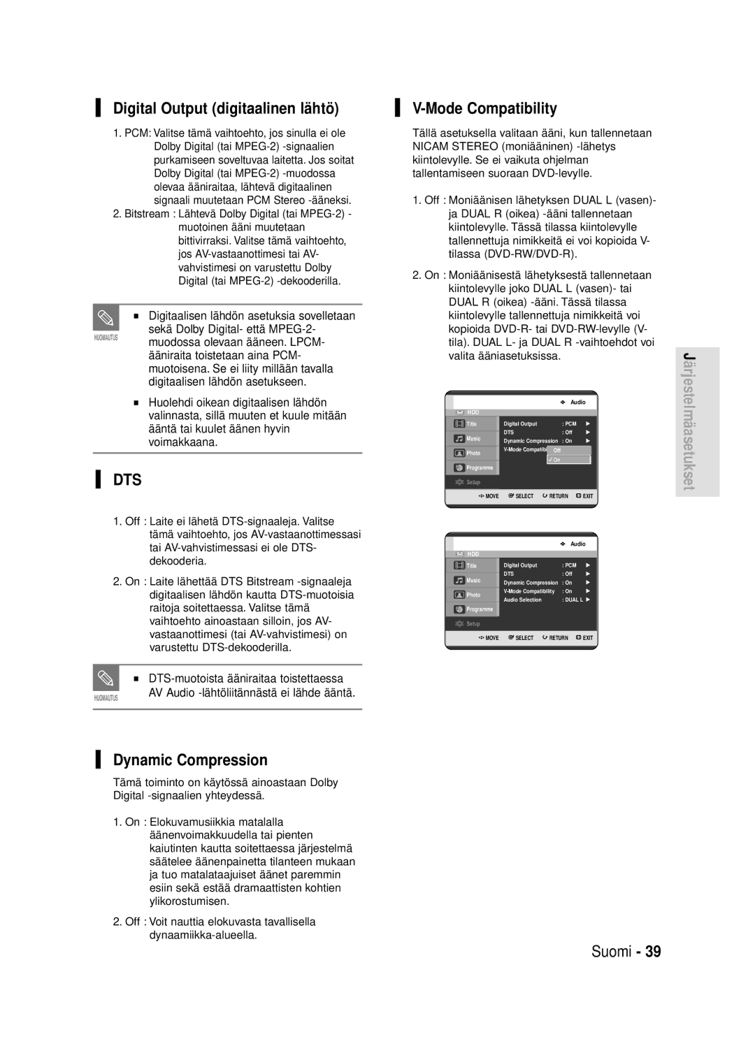 Samsung DVD-HR720/XEE manual Digital Output digitaalinen lähtö, Mode Compatibility, Dynamic Compression 