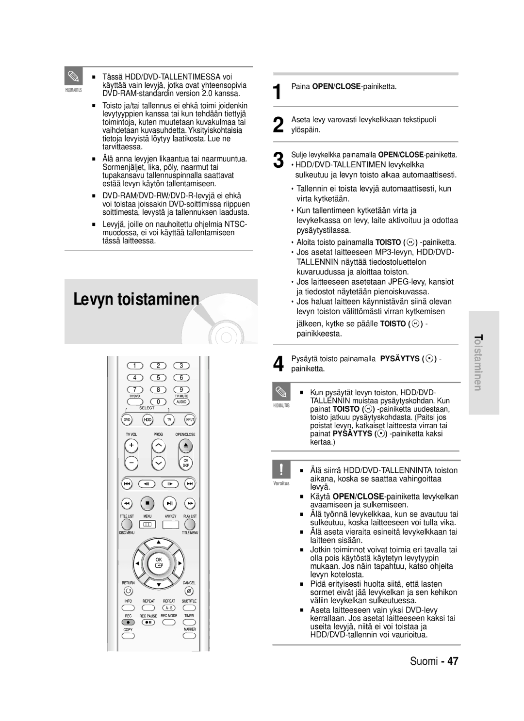 Samsung DVD-HR720/XEE manual Levyn toistaminen 