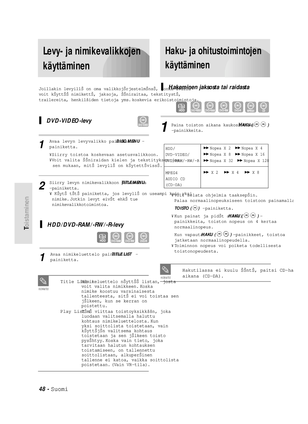 Samsung DVD-HR720/XEE manual DVD-VIDEO-levy, HDD/DVD-RAM/-RW/-R-levy, Hakeminen jaksosta tai raidasta 