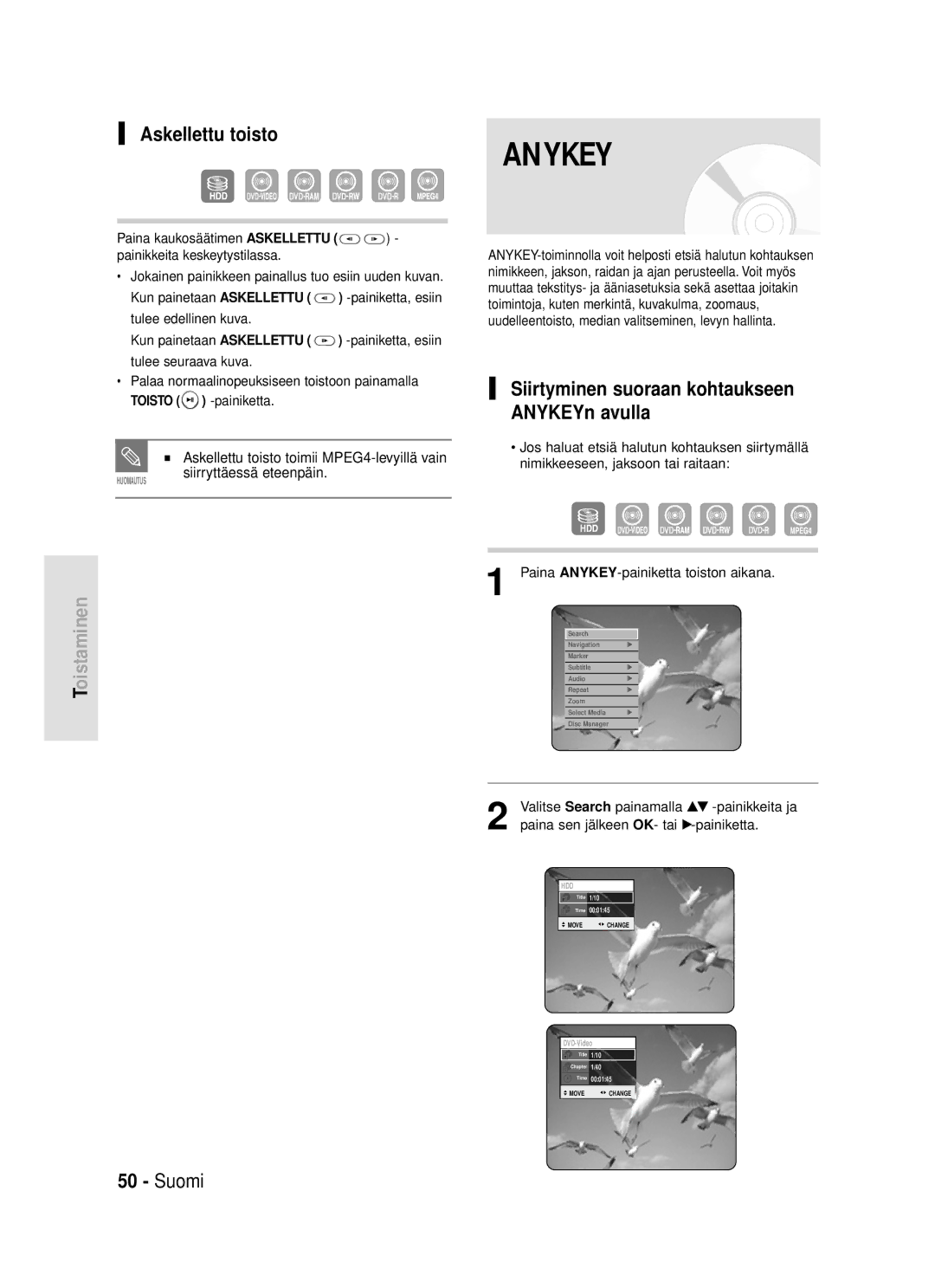 Samsung DVD-HR720/XEE manual Askellettu toisto, Siirtyminen suoraan kohtaukseen ANYKEYn avulla 