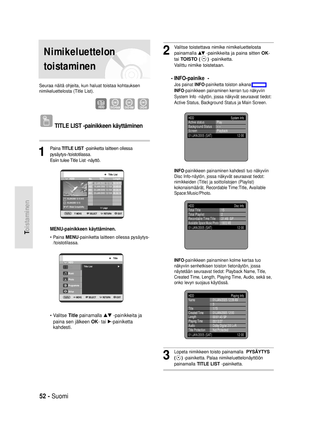 Samsung DVD-HR720/XEE manual Title List -painikkeen käyttäminen, INFO-painike, Esiin tulee Title List -näyttö 