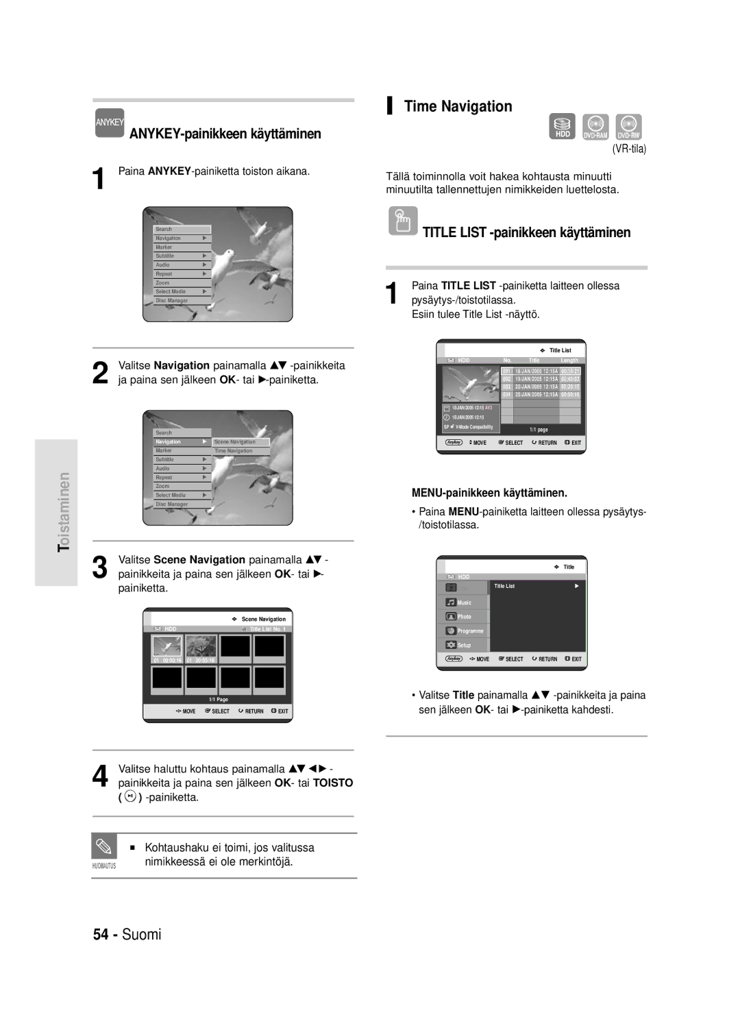 Samsung DVD-HR720/XEE Time Navigation, ANYKEY-painikkeen käyttäminen, Kohtaushaku ei toimi, jos valitussa, Painiketta 