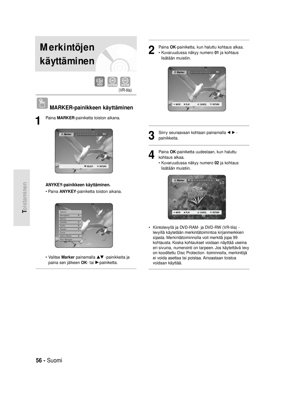 Samsung DVD-HR720/XEE manual MARKER-painikkeen käyttäminen, Paina MARKER-painiketta toiston aikana 