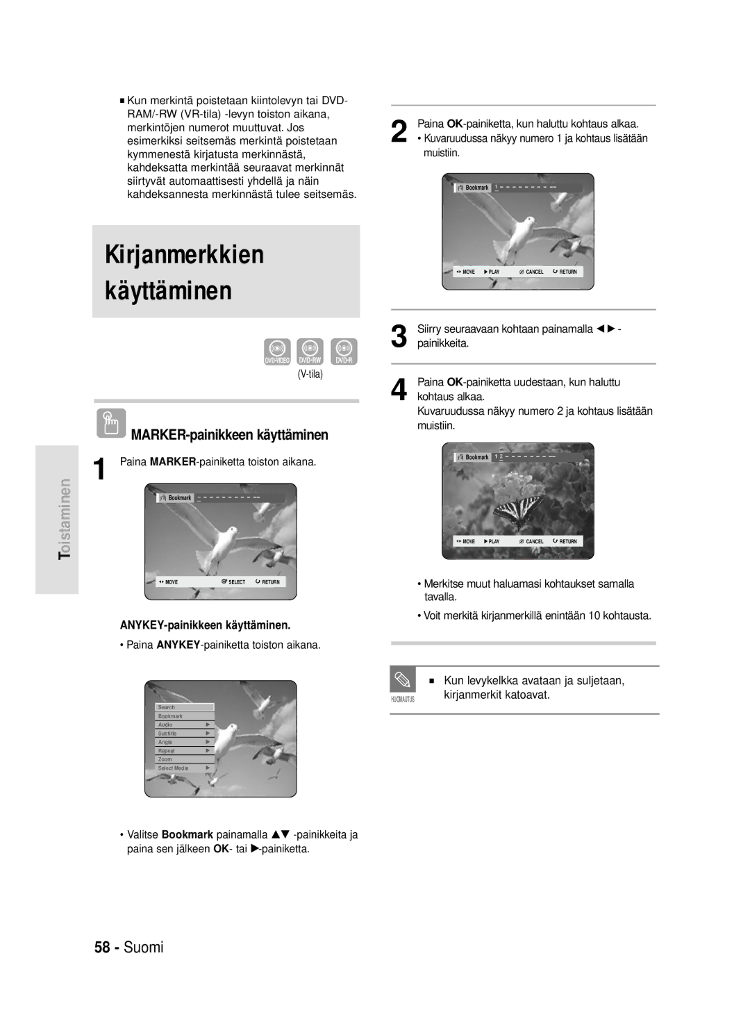 Samsung DVD-HR720/XEE Kirjanmerkkien käyttäminen, Kirjanmerkit katoavat, Tila, Paina MARKER-painiketta toiston aikana 