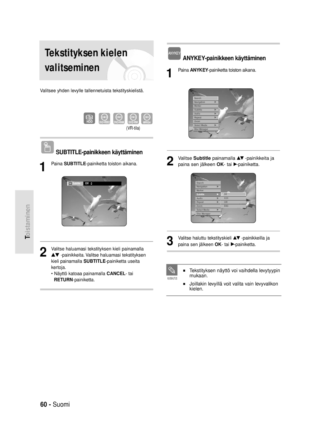 Samsung DVD-HR720/XEE manual Tekstityksen kielen valitseminen, SUBTITLE-painikkeen käyttäminen 