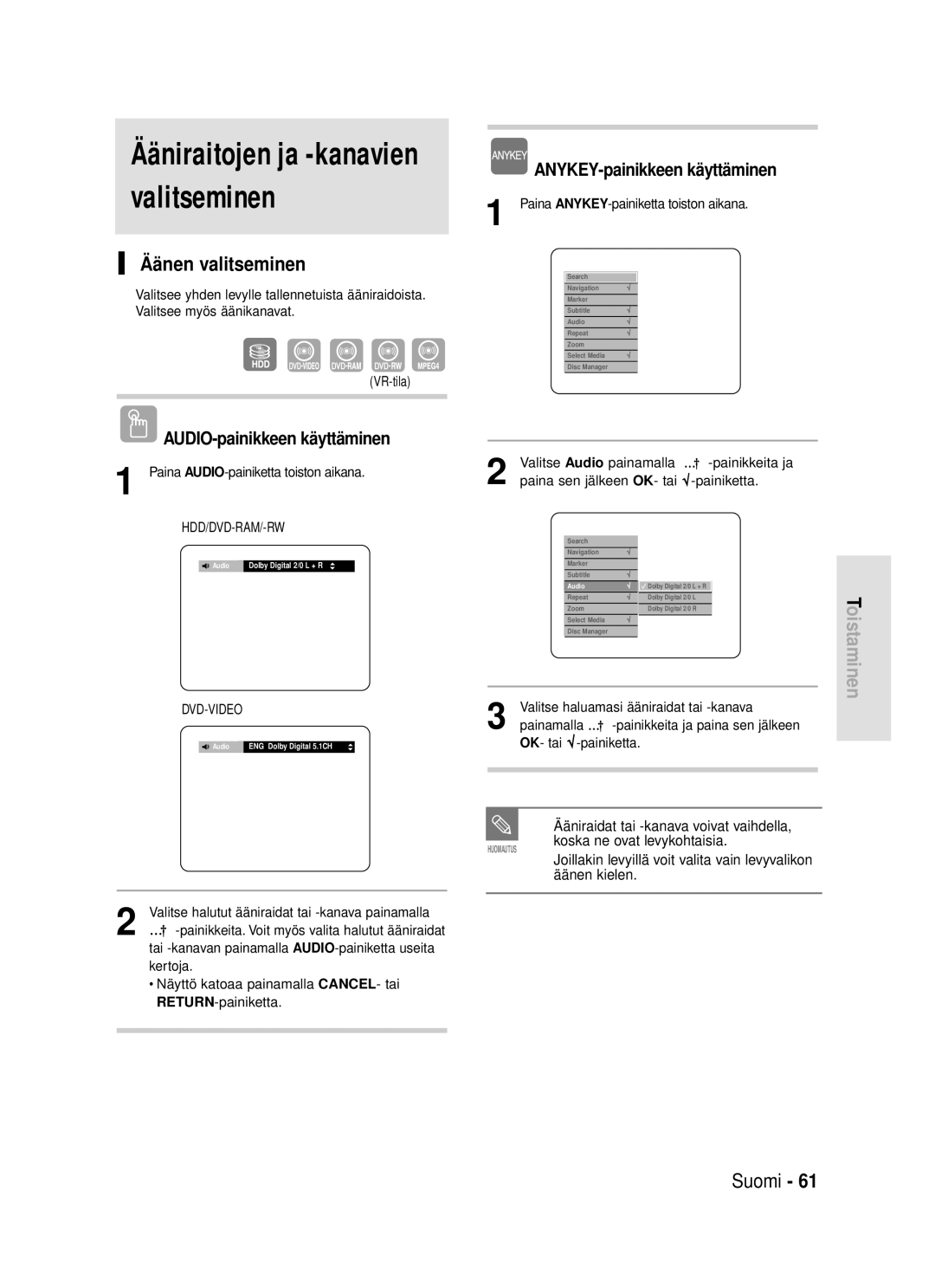 Samsung DVD-HR720/XEE manual Ääniraitojen ja -kanavien valitseminen, Äänen valitseminen, AUDIO-painikkeen käyttäminen 