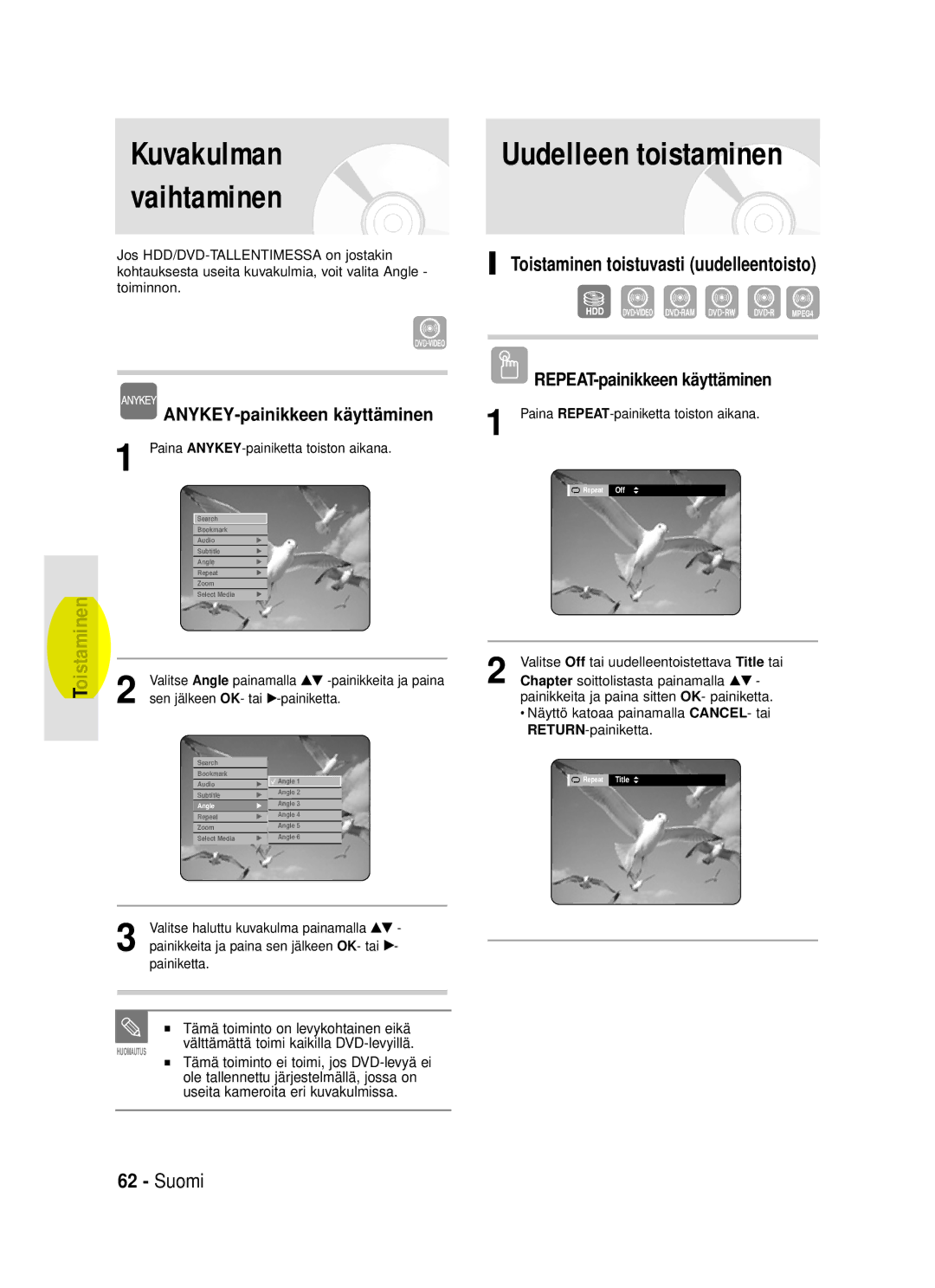 Samsung DVD-HR720/XEE manual Kuvakulman, Vaihtaminen, Uudelleen toistaminen, Toistaminen toistuvasti uudelleentoisto 