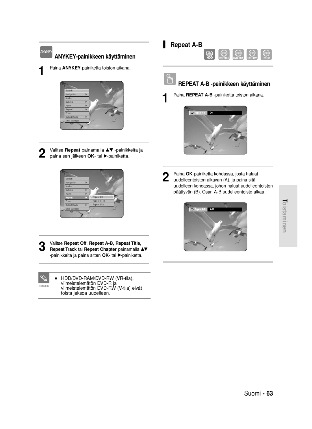 Samsung DVD-HR720/XEE manual Paina Repeat A-B-painiketta toiston aikana, Valitse Repeat Off, Repeat A-B,Repeat Title 