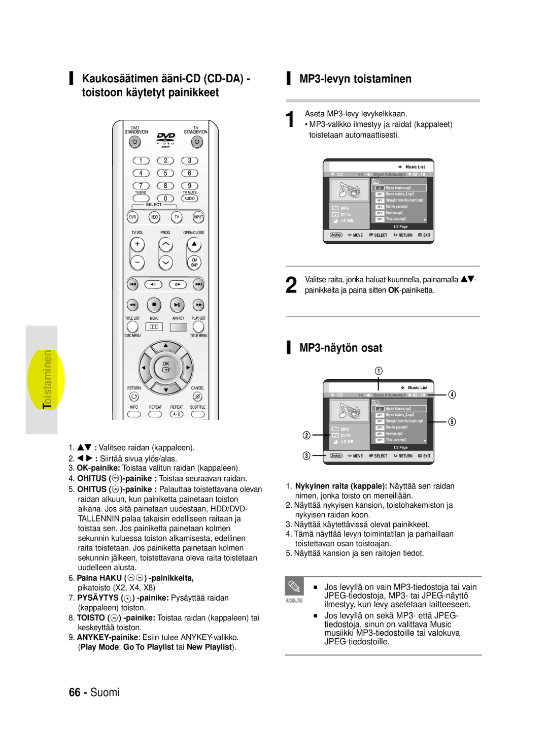 Samsung DVD-HR720/XEE manual Suomi MP3-levyn toistaminen, Kaukosäätimen ääni-CD CD-DA toistoon käytetyt painikkeet 